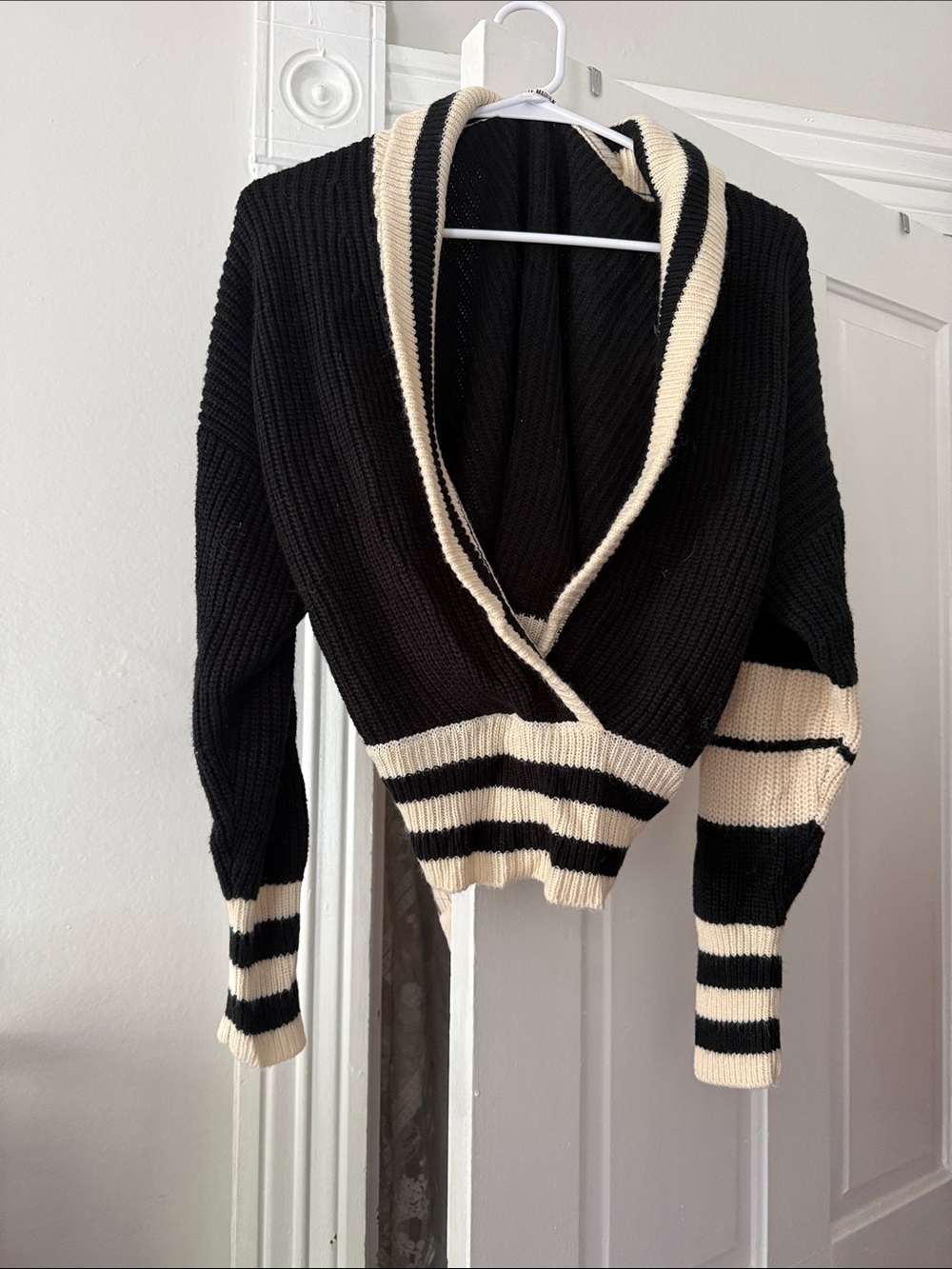 Steve Madden Black & Cream Shawl Collar Striped Cardigan Sweater